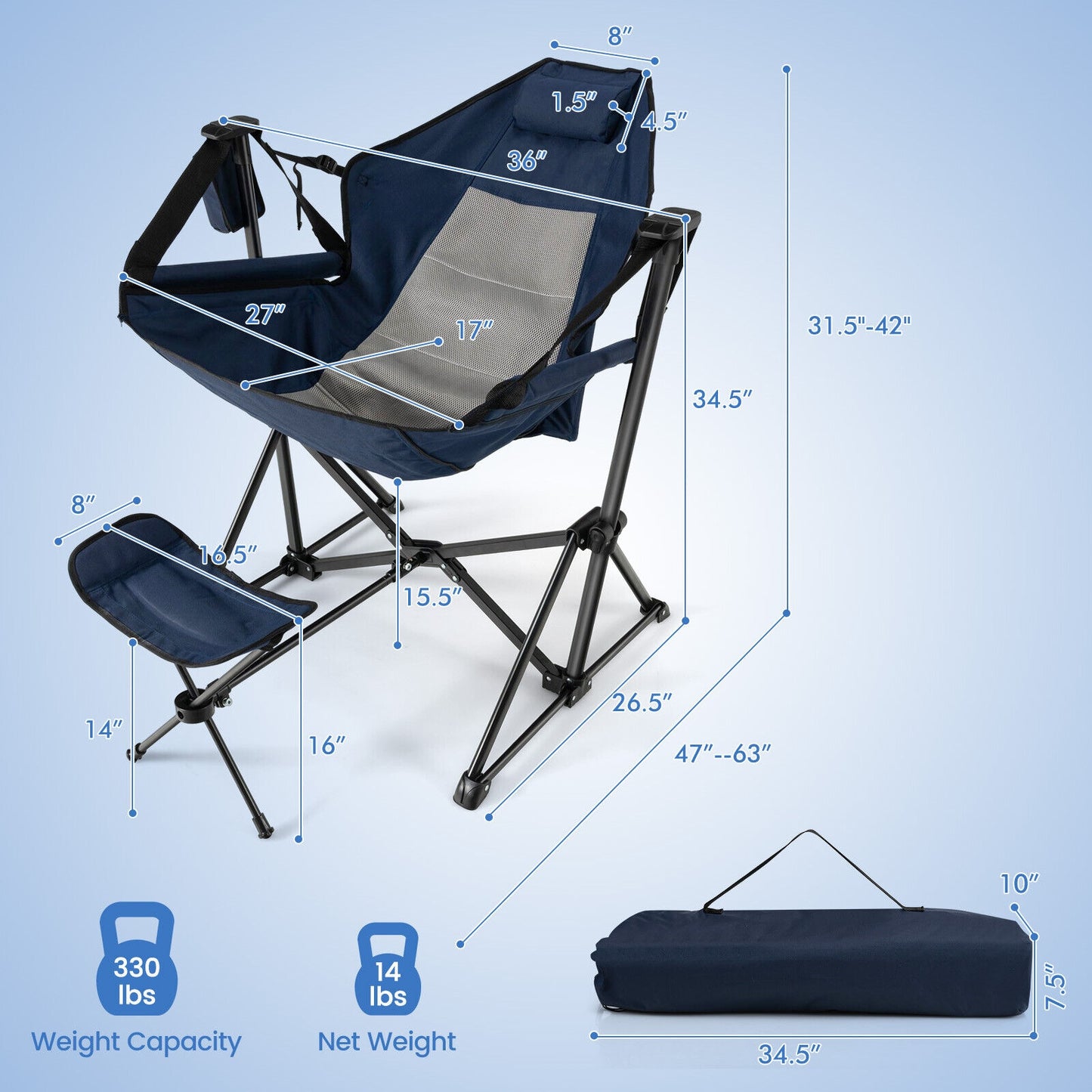 Hammock Camping Chair with Retractable Footrest and Carrying Bag, Navy Camping Furniture at Gallery Canada