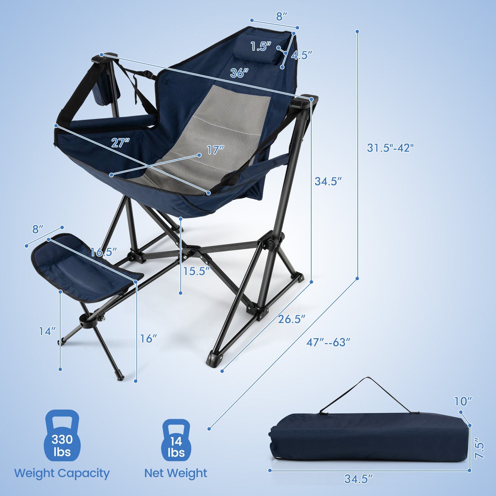 Hammock Camping Chair with Retractable Footrest and Carrying Bag, Navy Camping Furniture at Gallery Canada