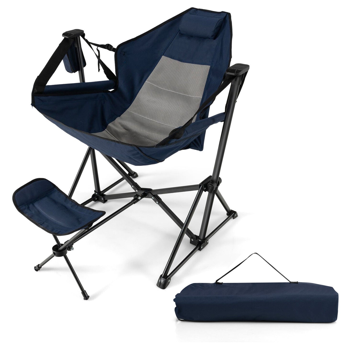 Hammock Camping Chair with Retractable Footrest and Carrying Bag, Navy Camping Furniture at Gallery Canada