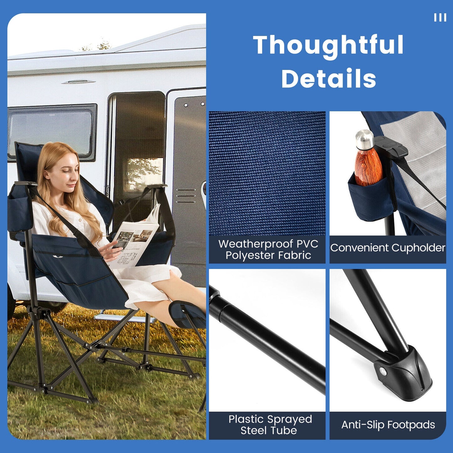 Hammock Camping Chair with Retractable Footrest and Carrying Bag, Navy Camping Furniture at Gallery Canada