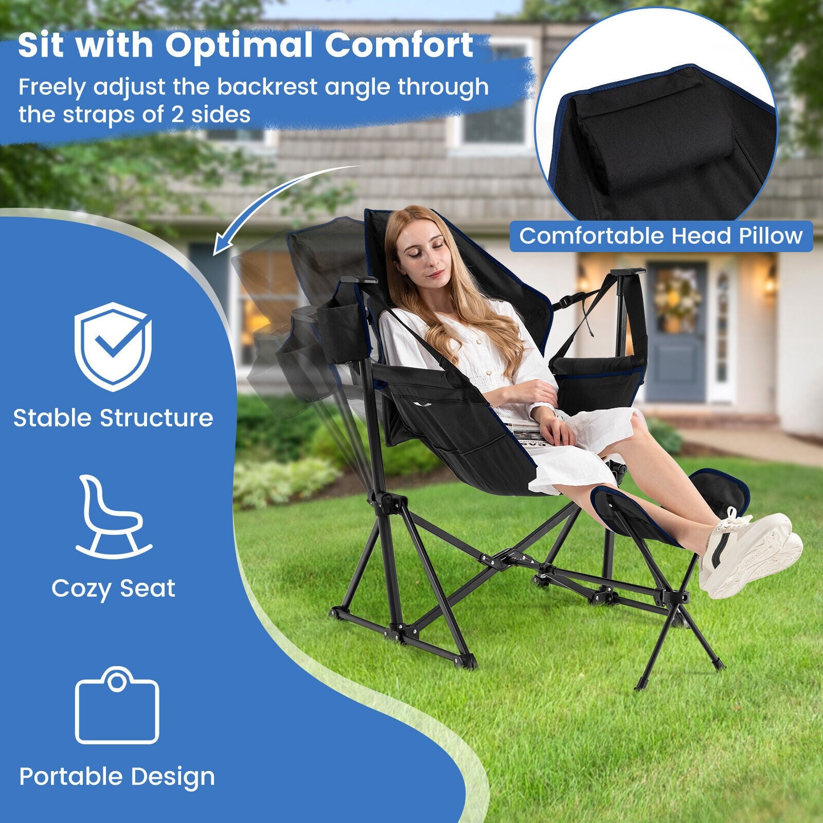 Hammock Camping Chair with Retractable Footrest and Carrying Bag, Black Camping Furniture at Gallery Canada