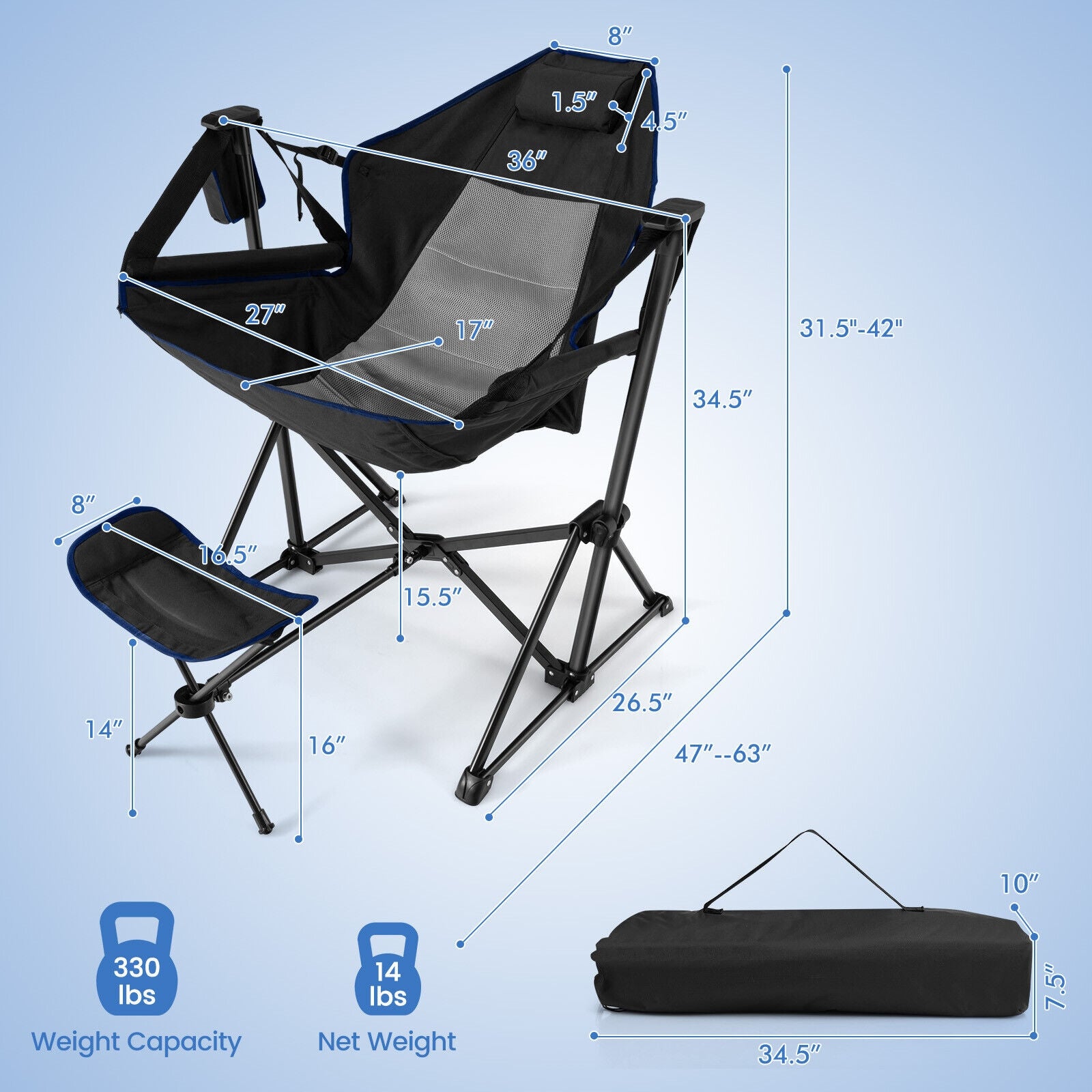 Hammock Camping Chair with Retractable Footrest and Carrying Bag, Black Camping Furniture at Gallery Canada