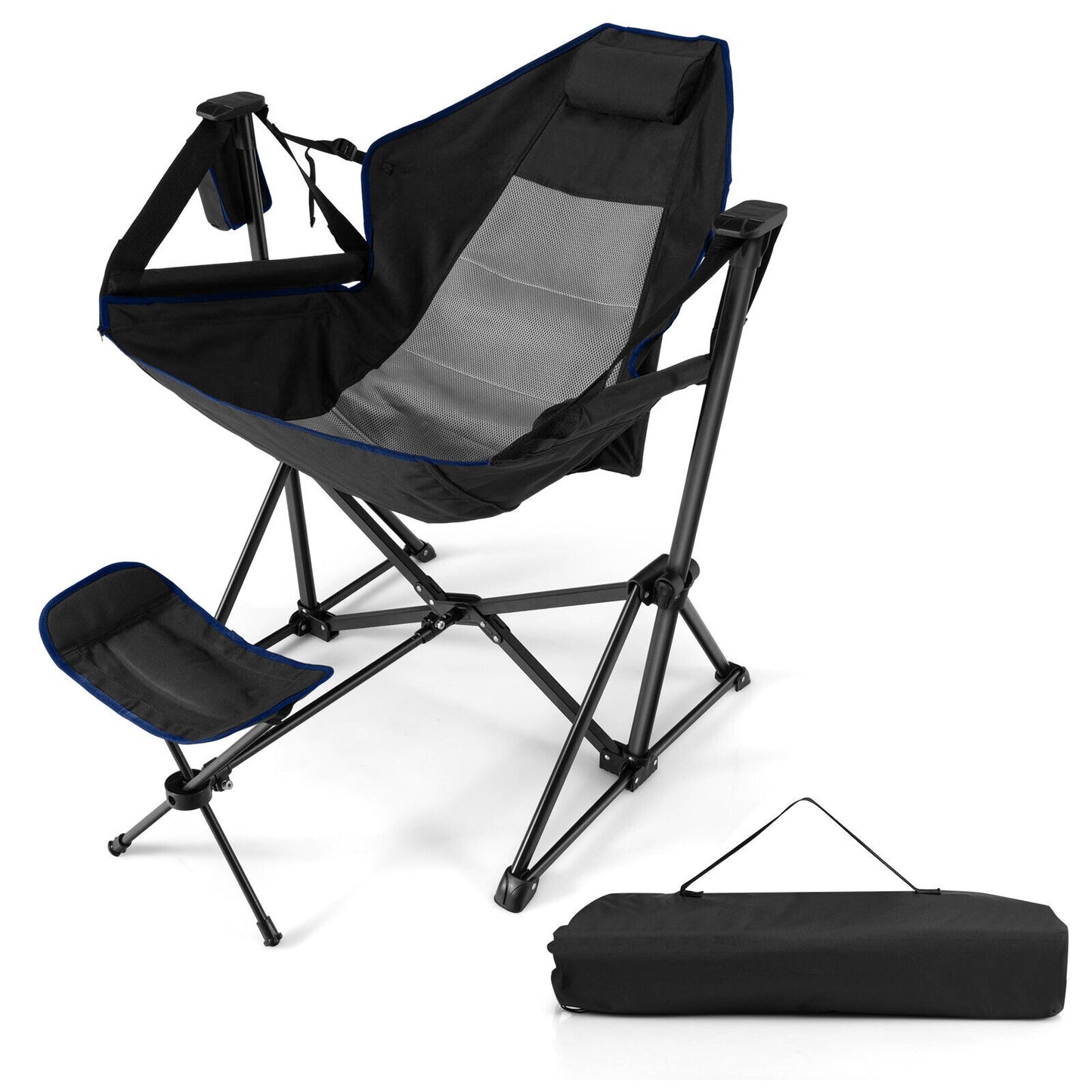 Hammock Camping Chair with Retractable Footrest and Carrying Bag, Black Camping Furniture at Gallery Canada