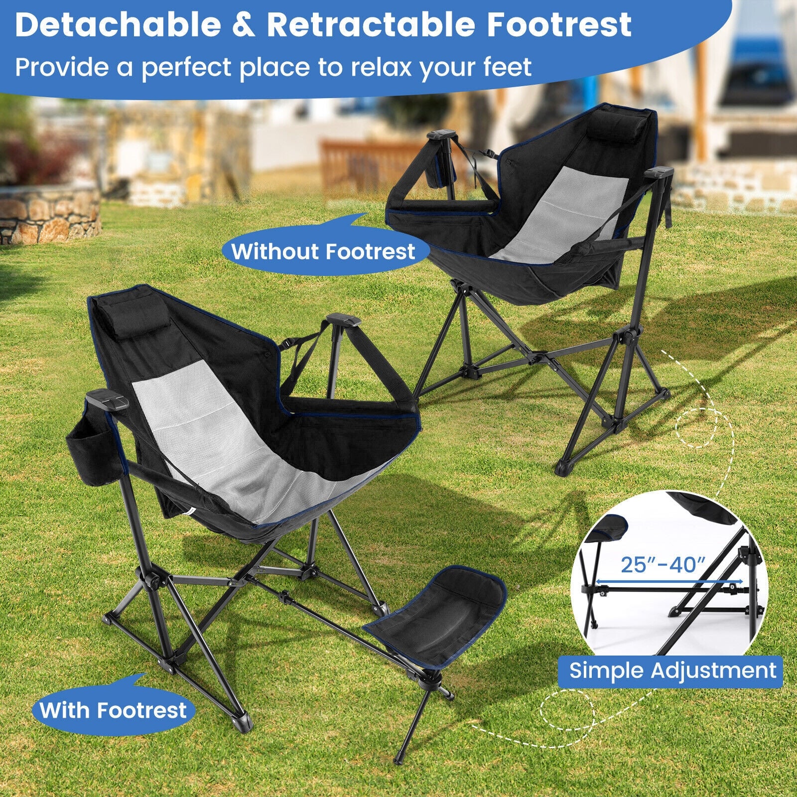 Hammock Camping Chair with Retractable Footrest and Carrying Bag, Black Camping Furniture at Gallery Canada