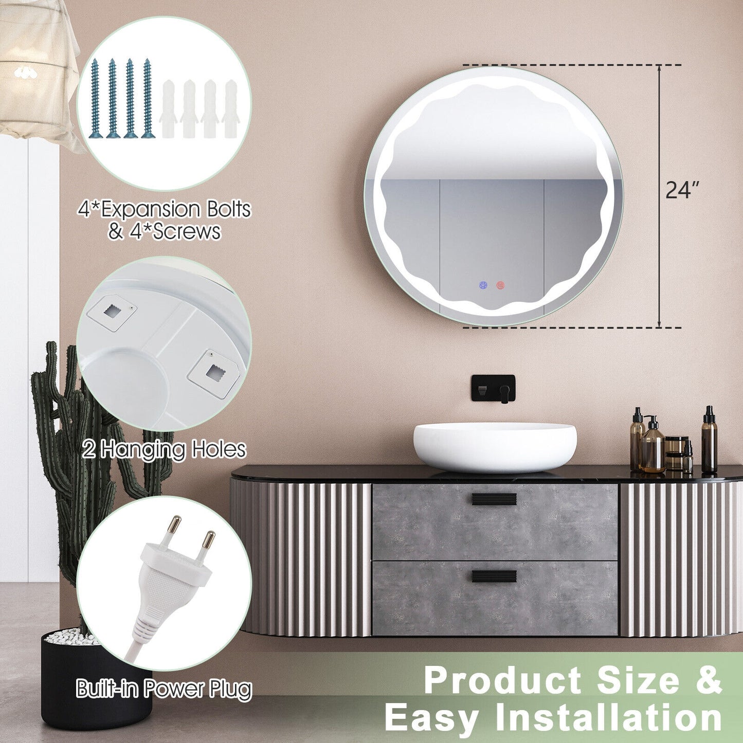 24 Inch Round Wall Mirror with 3-Color LED Lights and Smart Touch Button, Transparent Wall Mirrors at Gallery Canada