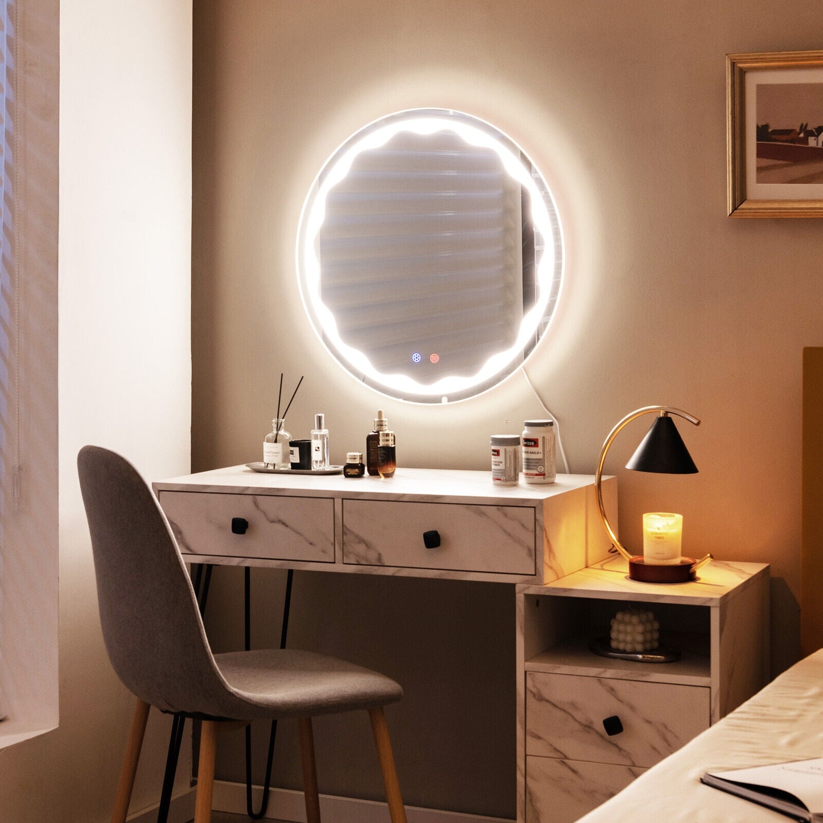 24 Inch Round Wall Mirror with 3-Color LED Lights and Smart Touch Button, Transparent Wall Mirrors at Gallery Canada