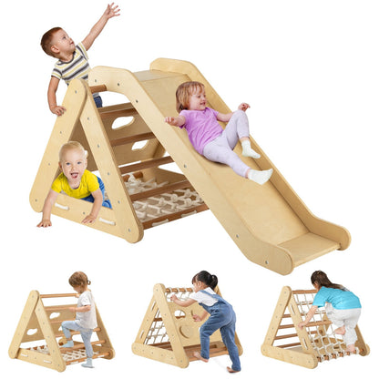 4 in 1 Triangle Climber Toy with Sliding Board and Climbing Net, Natural - Gallery Canada