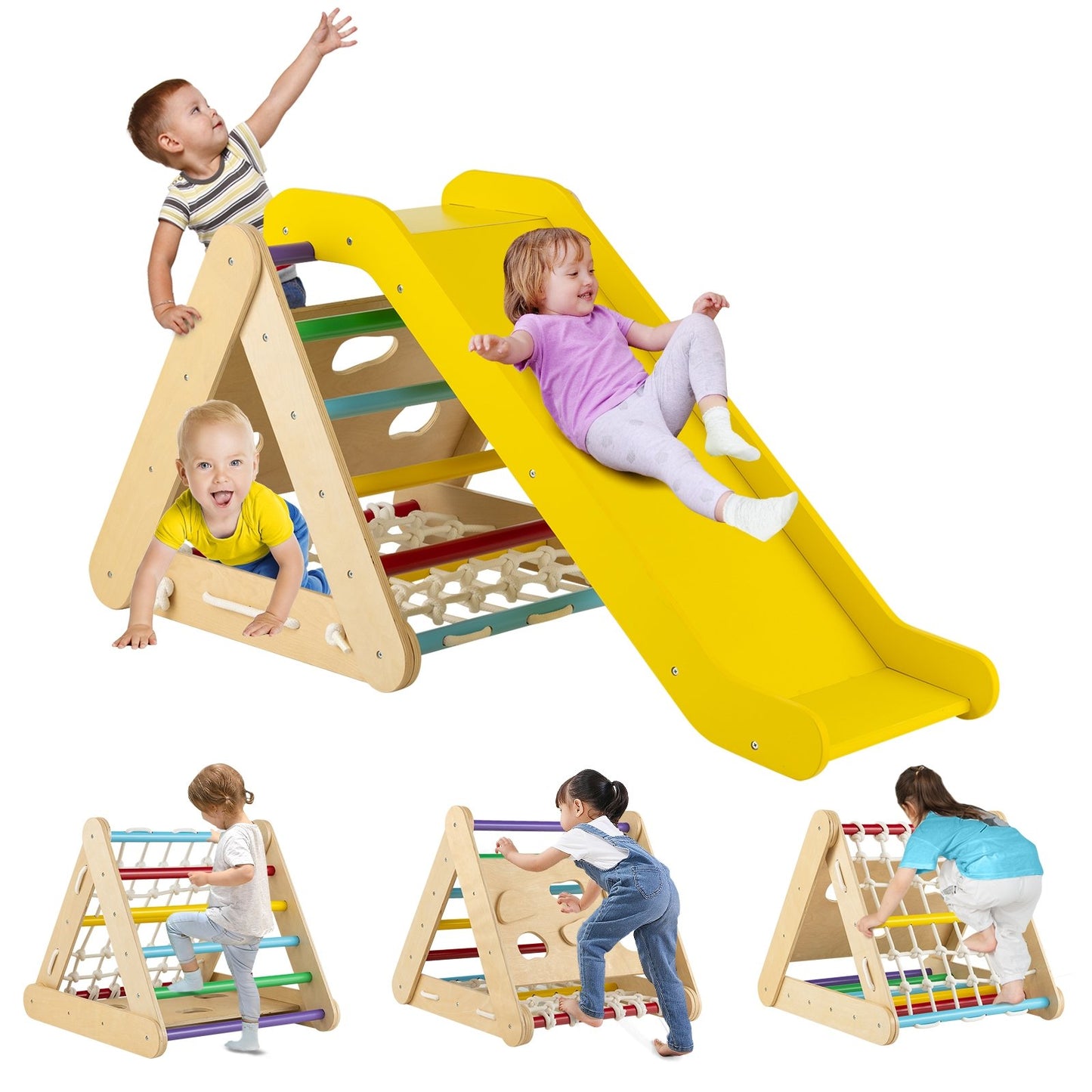 4 in 1 Triangle Climber Toy with Sliding Board and Climbing Net, Multicolor - Gallery Canada