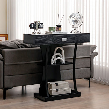 Console Table with Drawer and 2-Tier Shelves for Entryway Living Room, Black - Gallery Canada