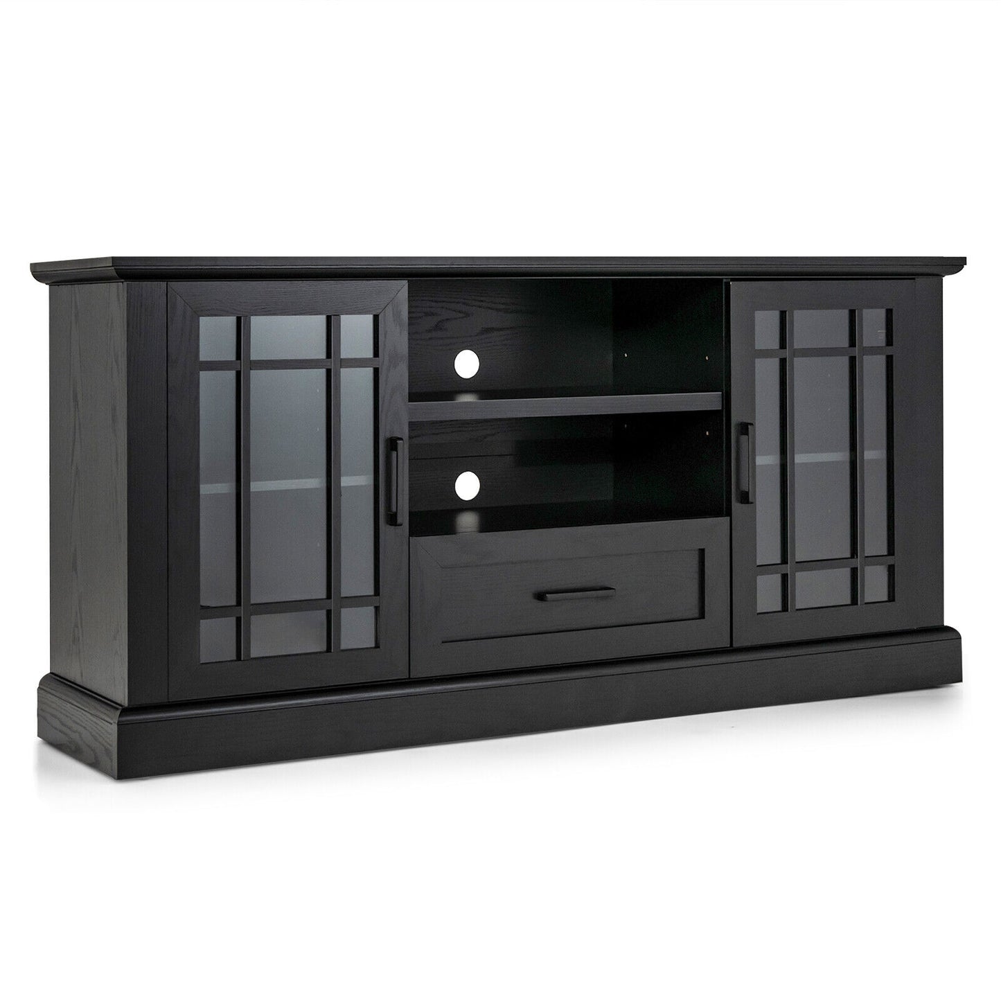 TV Stand for TVs up to 70 with Glass Doors Cubbies and Drawer, Black Entertainment Centers & TV Stands Black at Gallery Canada