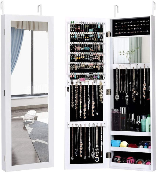Full Length Mirror Jewelry Cabinet with Ring Slots and Necklace Hooks, White at Gallery Canada