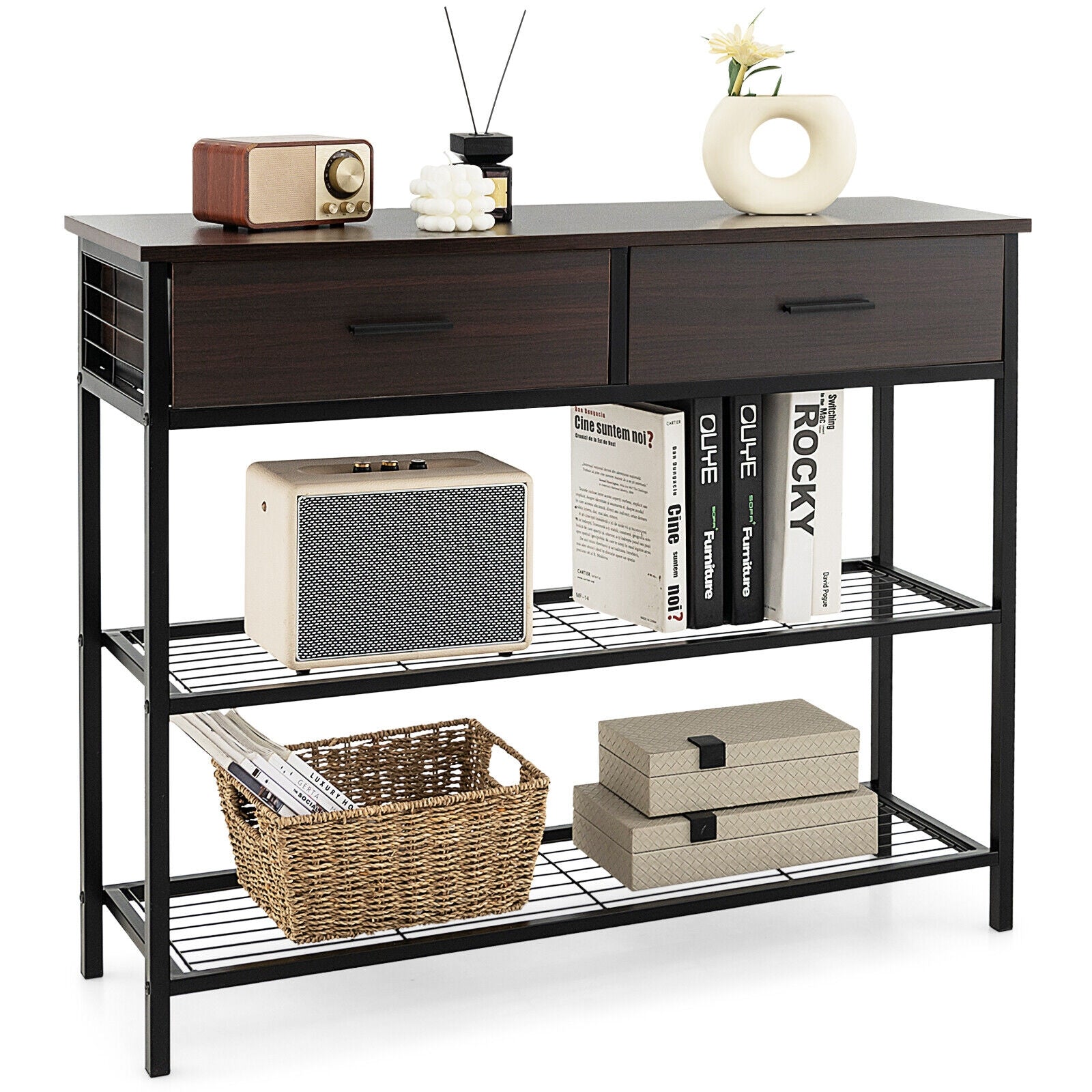 39.5 Inch Entryway Table with 2 Drawers and 2-Tier Shelves, Dark Brown Console Tables Dark Brown at Gallery Canada