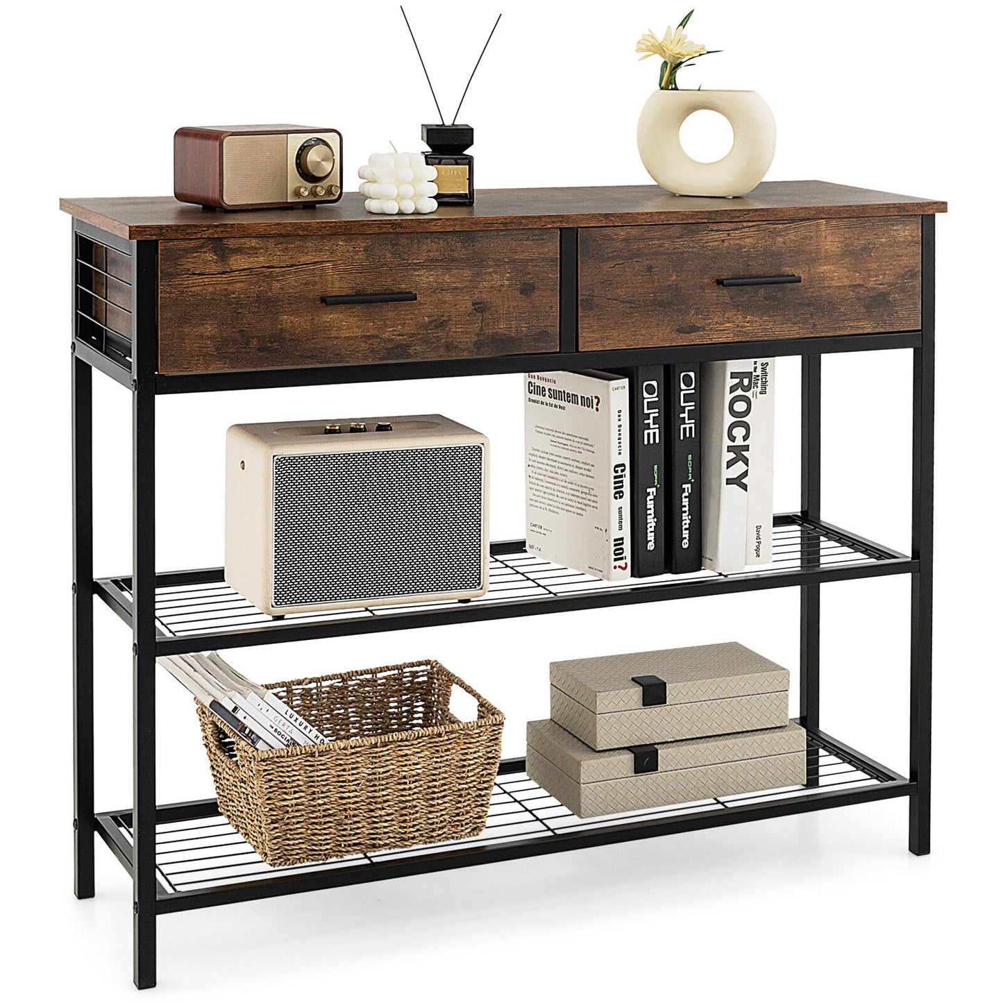 39.5 Inch Entryway Table, 2 Drawers, 2-Tier Shelves, Rustic Brown Console Tables Rustic Brown at Gallery Canada