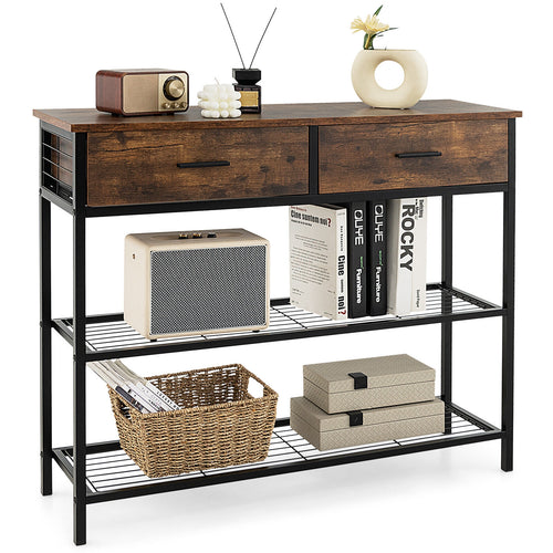 39.5 Inch Entryway Table, 2 Drawers, 2-Tier Shelves, Rustic Brown