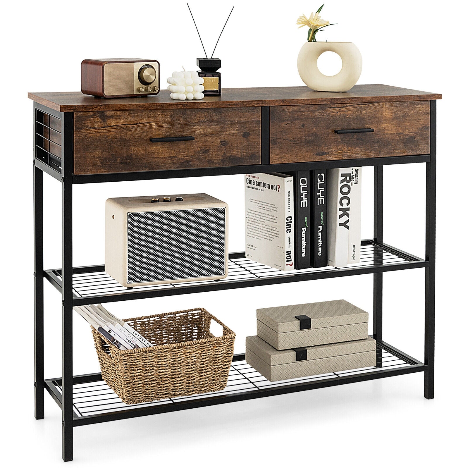 39.5 Inch Entryway Table, 2 Drawers, 2-Tier Shelves, Rustic Brown Console Tables Rustic Brown at Gallery Canada