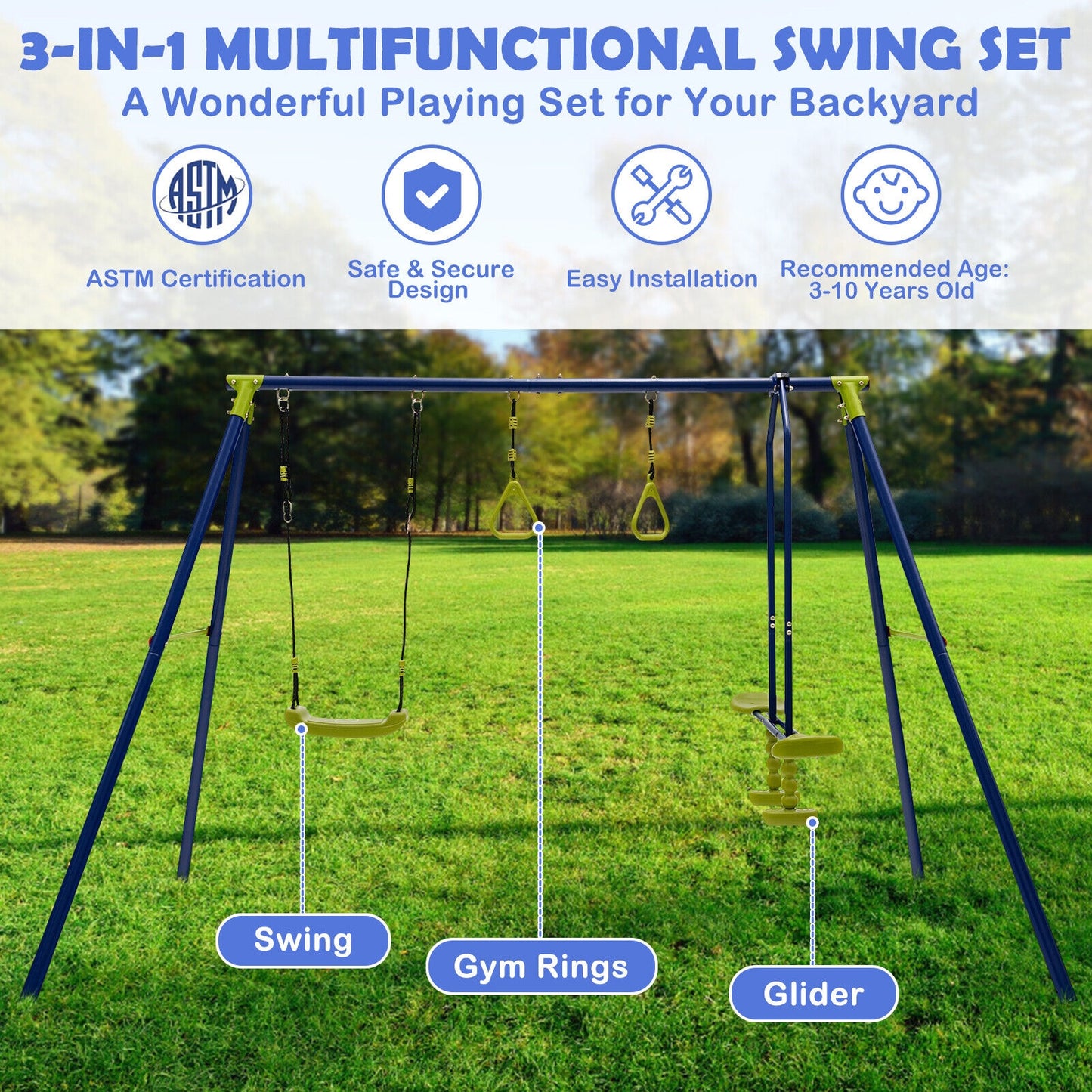 3-in-1 Outdoor Swing Set for Kids Aged 3 to 10, Blue Swing & Playsets at Gallery Canada