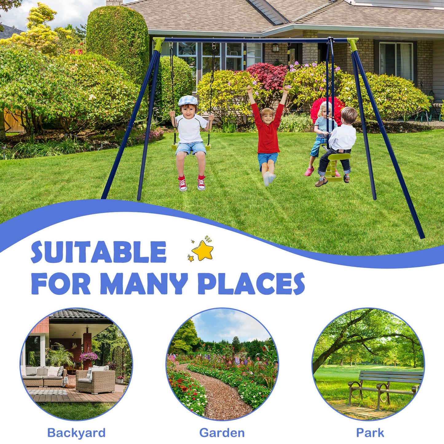 3-in-1 Outdoor Swing Set for Kids Aged 3 to 10, Blue Swing & Playsets at Gallery Canada