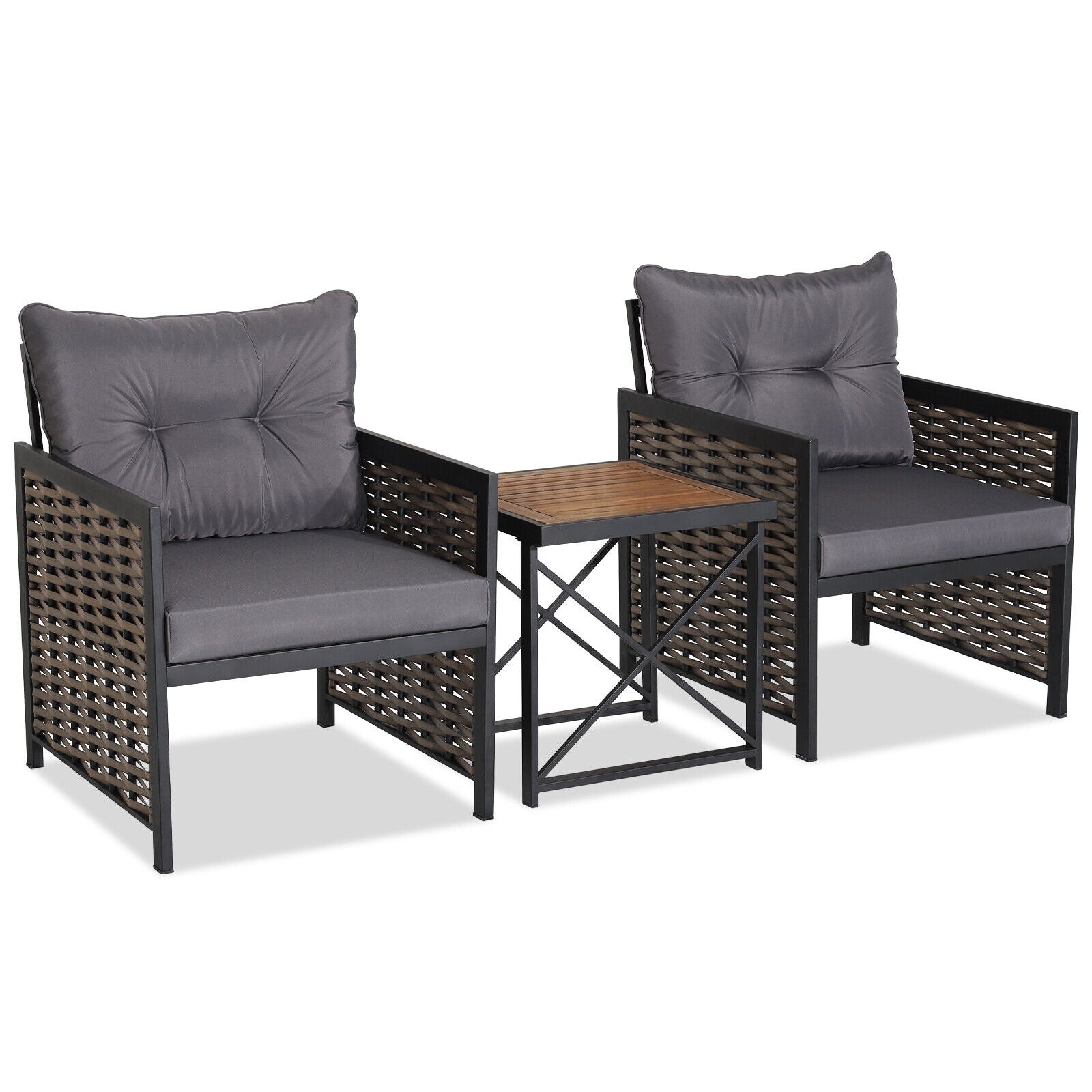 3 Piece Patio Rattan Furniture Set with Acacia Wood Tabletop, Gray Patio Conversation Sets at Gallery Canada