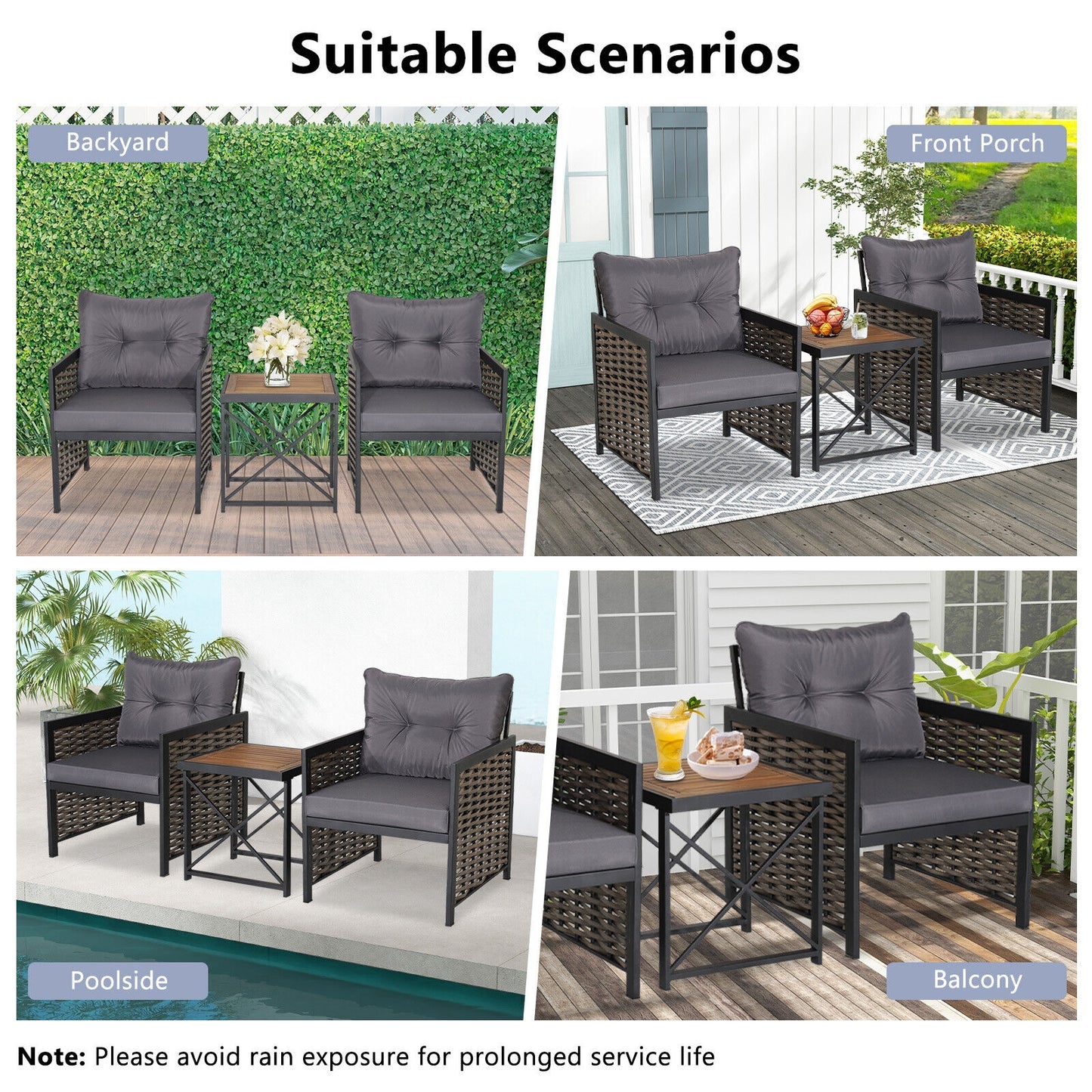3 Piece Patio Rattan Furniture Set with Acacia Wood Tabletop, Gray Patio Conversation Sets at Gallery Canada