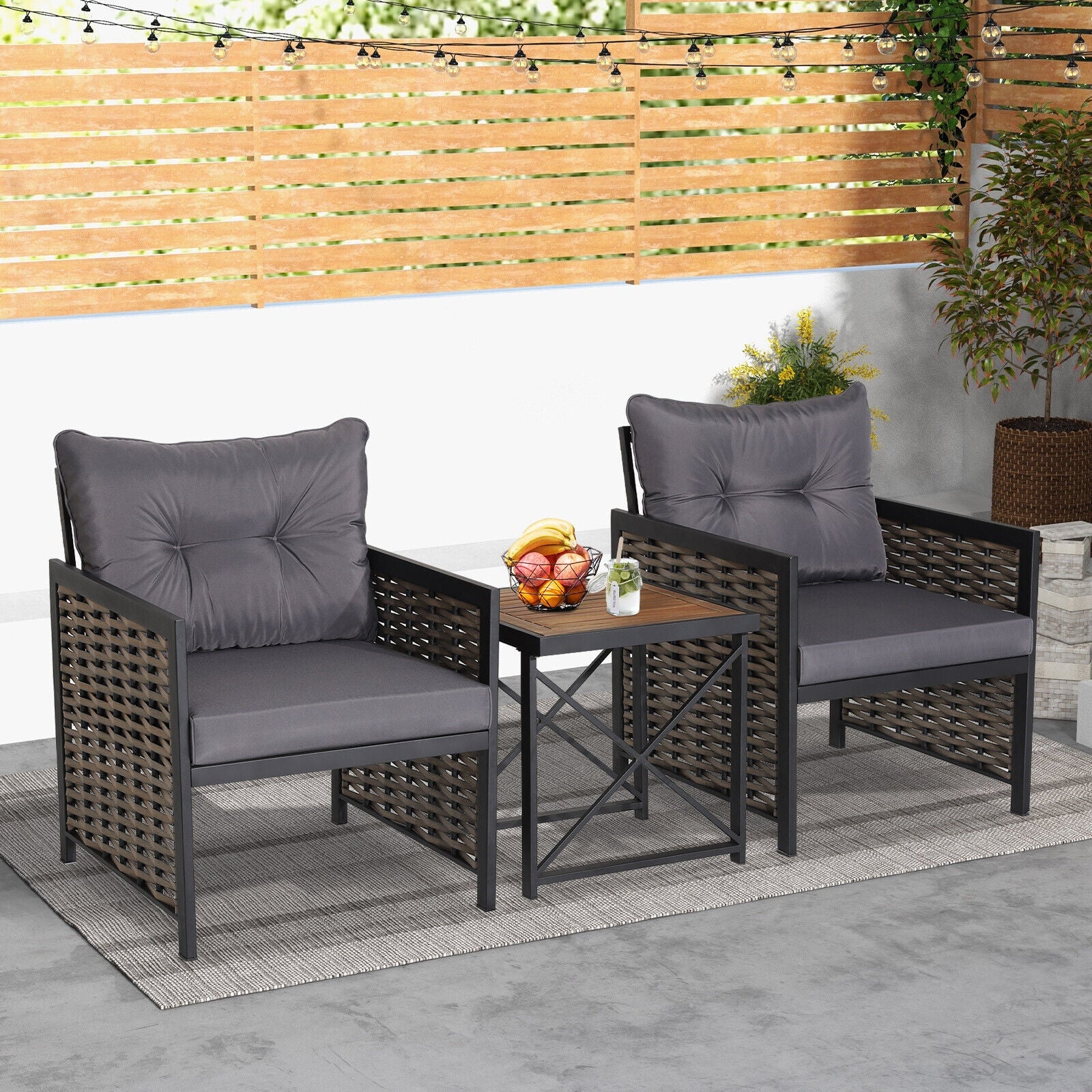 3 Piece Patio Rattan Furniture Set with Acacia Wood Tabletop, Gray Patio Conversation Sets at Gallery Canada