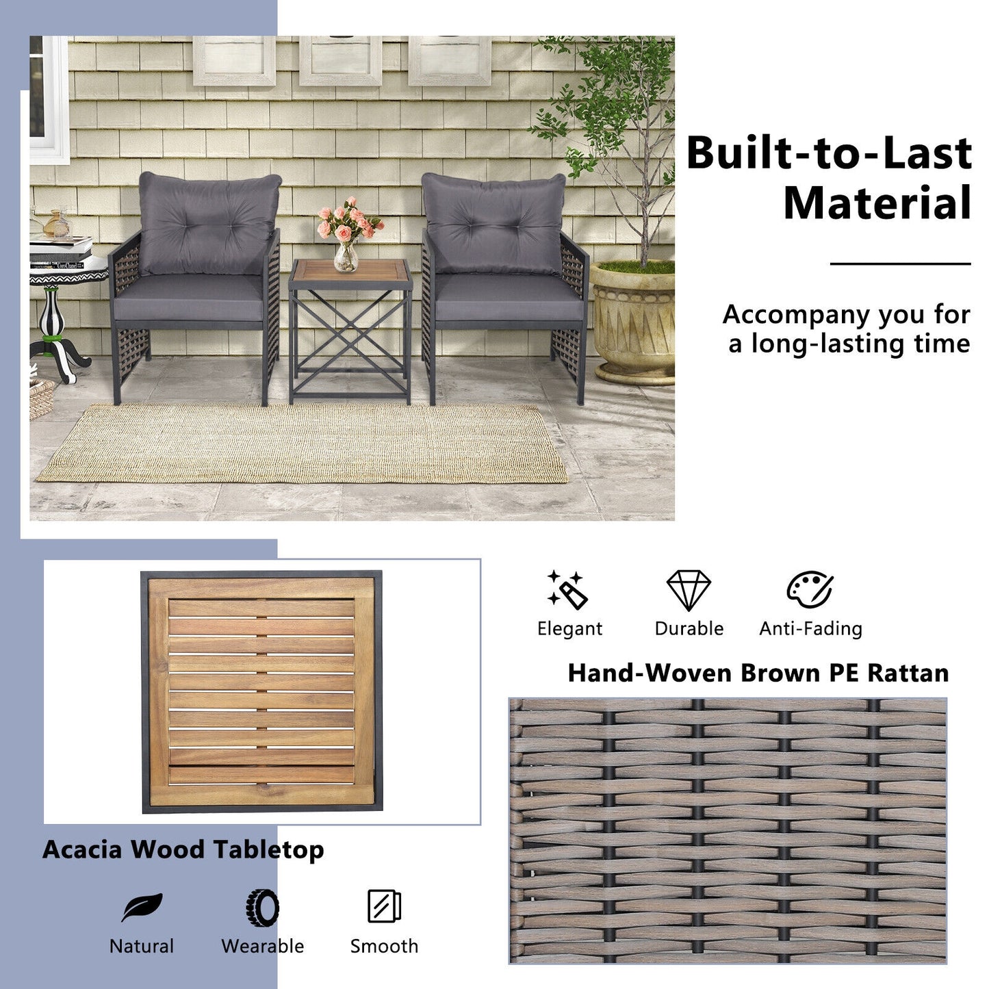 3 Piece Patio Rattan Furniture Set with Acacia Wood Tabletop, Gray Patio Conversation Sets at Gallery Canada