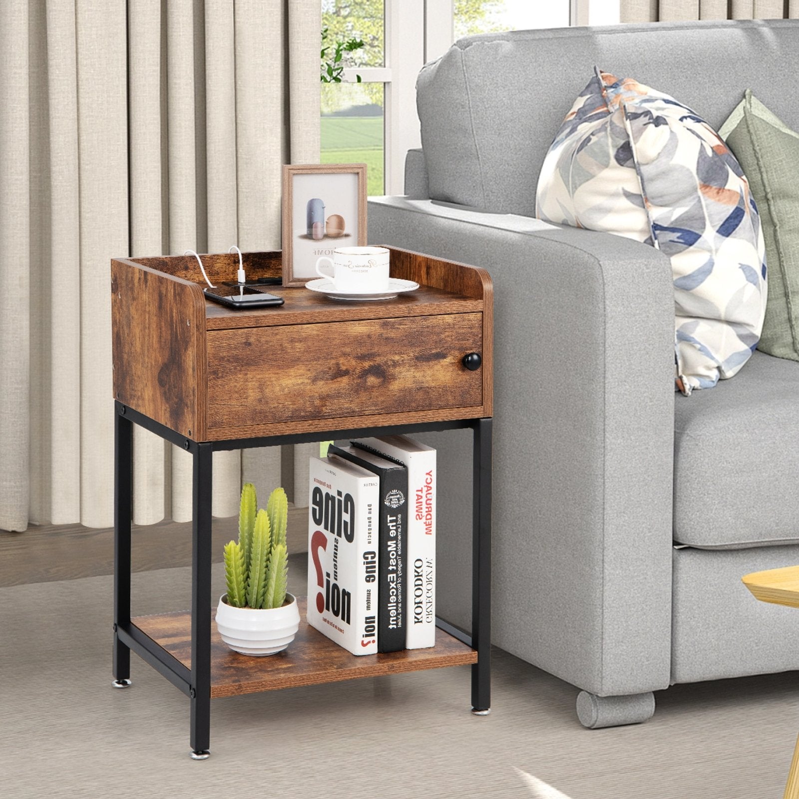 Lift Top End Table with Charging Station and Storage Shelves, Coffee at Gallery Canada