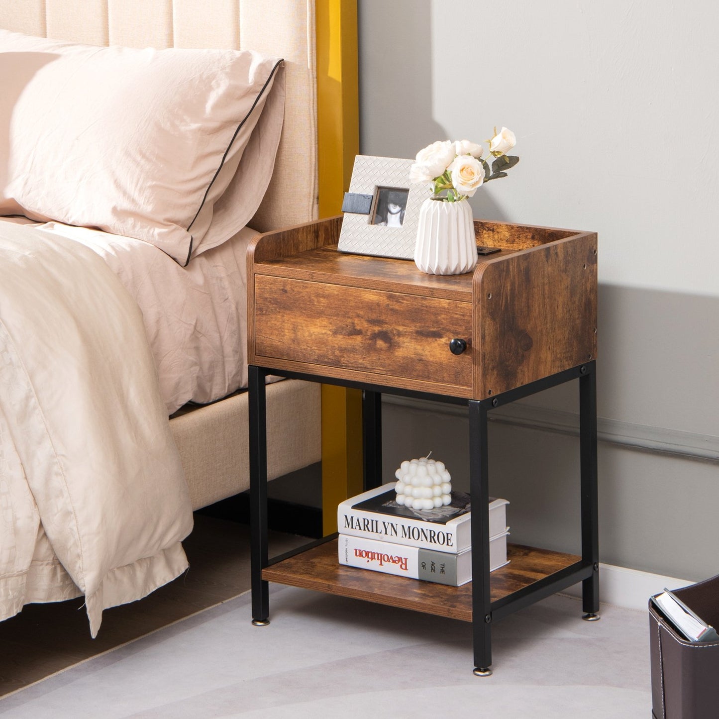 Lift Top End Table with Charging Station and Storage Shelves, Coffee