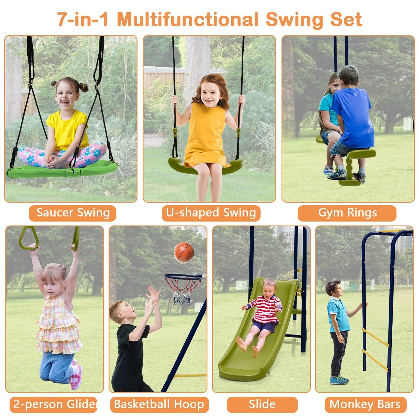 7-in-1 Stable A-shaped Outdoor Swing Set for Backyard, Blue - Gallery Canada