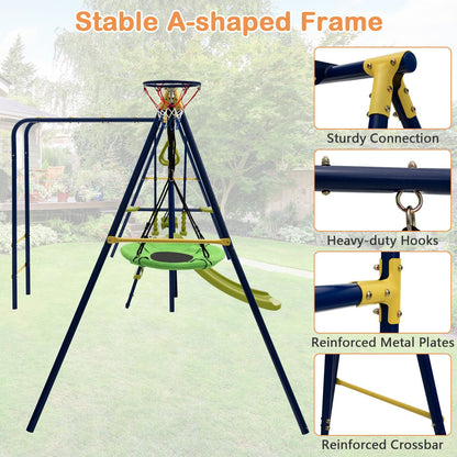 7-in-1 Stable A-shaped Outdoor Swing Set for Backyard, Blue - Gallery Canada