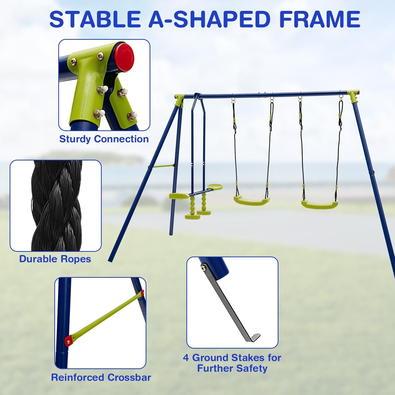 440 Pounds Kids Swing Set with Two Swings and One Glider, Blue - Gallery Canada