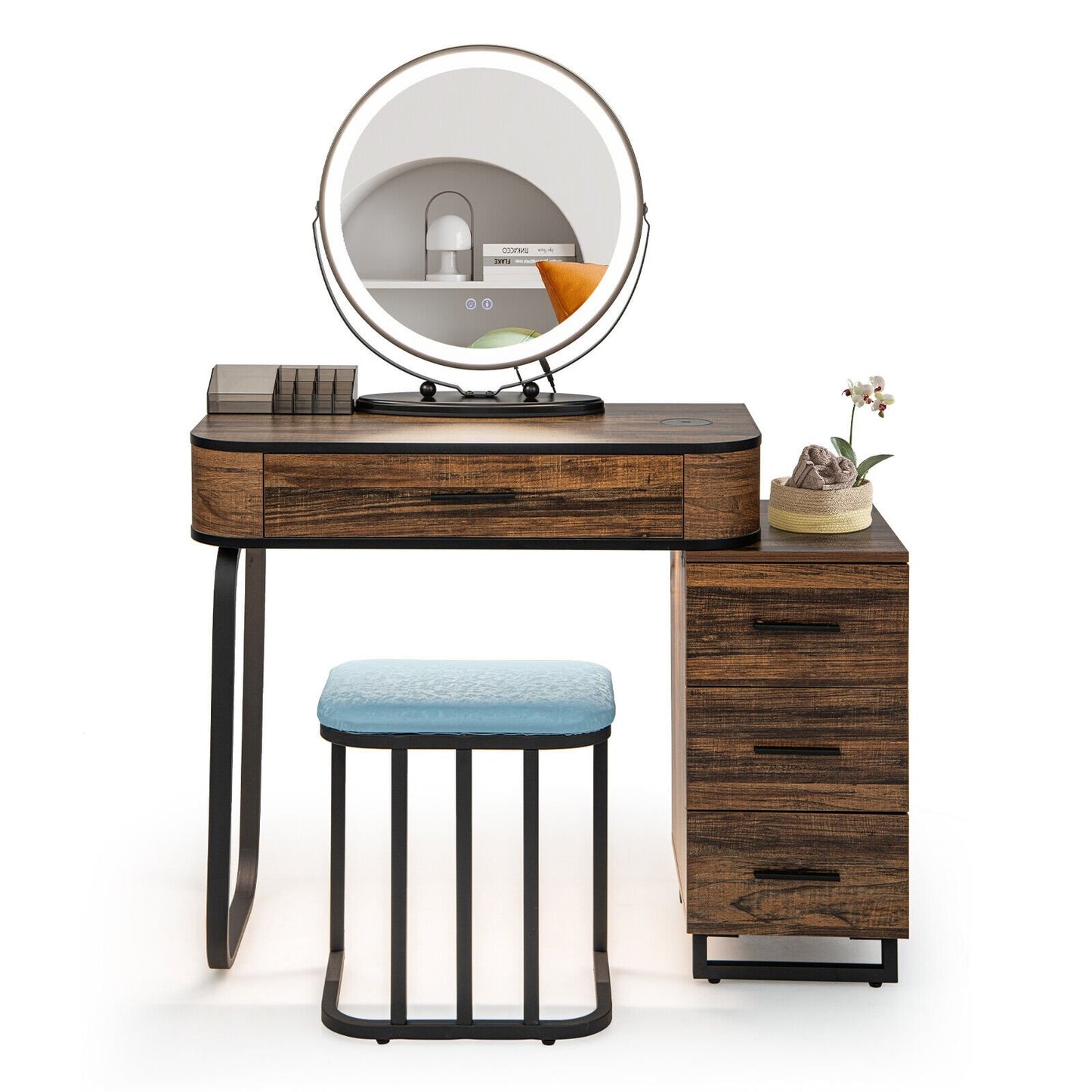 Vanity Table Set with 3-Color Lighted Mirror and Charging Station, Brown - Gallery Canada