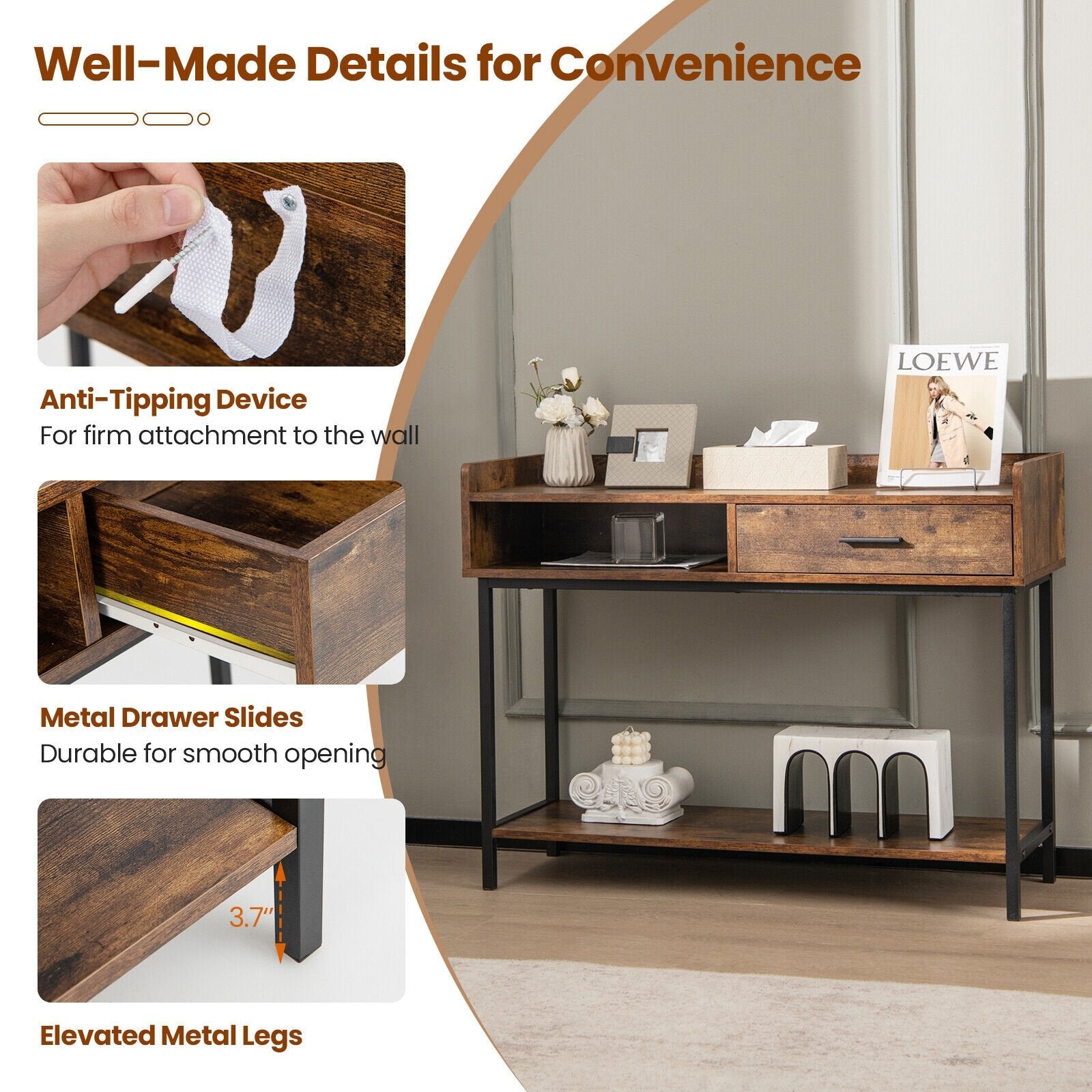 Long Console Table with Drawer and Metal Frame, Rustic Brown - Gallery Canada