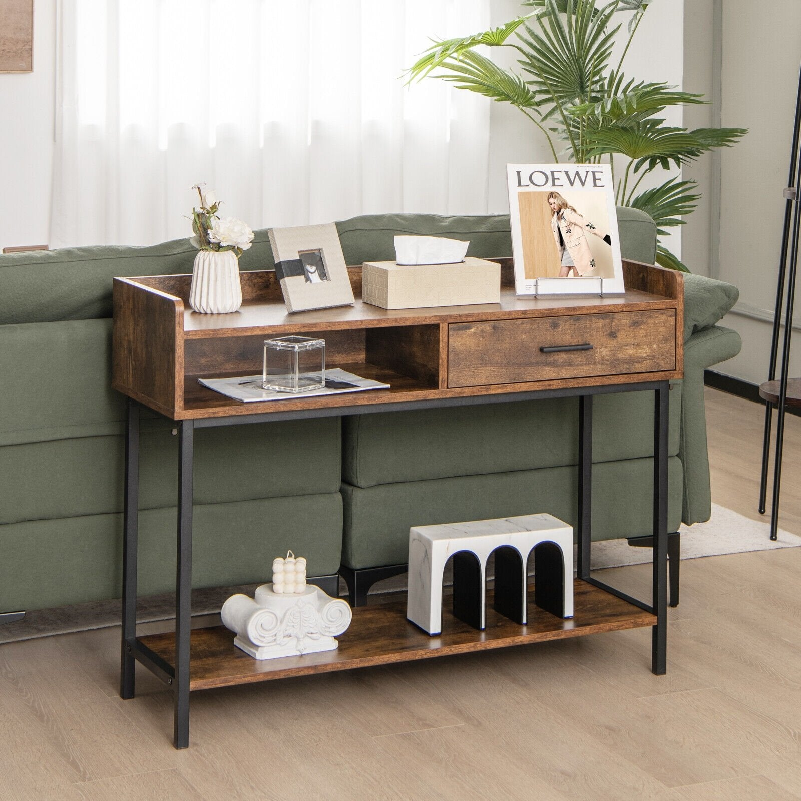 Long Console Table with Drawer and Metal Frame, Rustic Brown - Gallery Canada