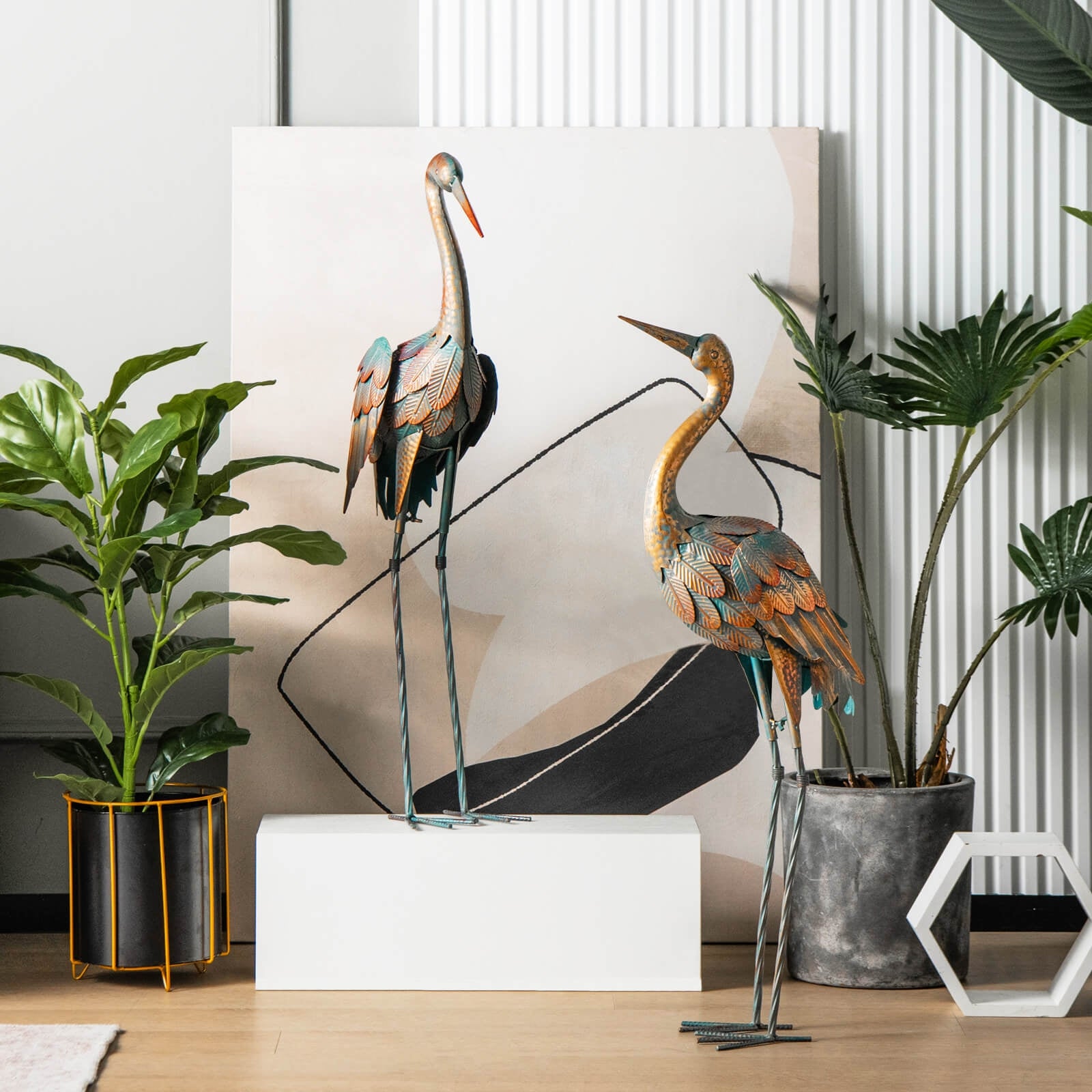 Set Of 2 Standing Metal Crane Garden Statues, Copper Outdoor Decor at Gallery Canada