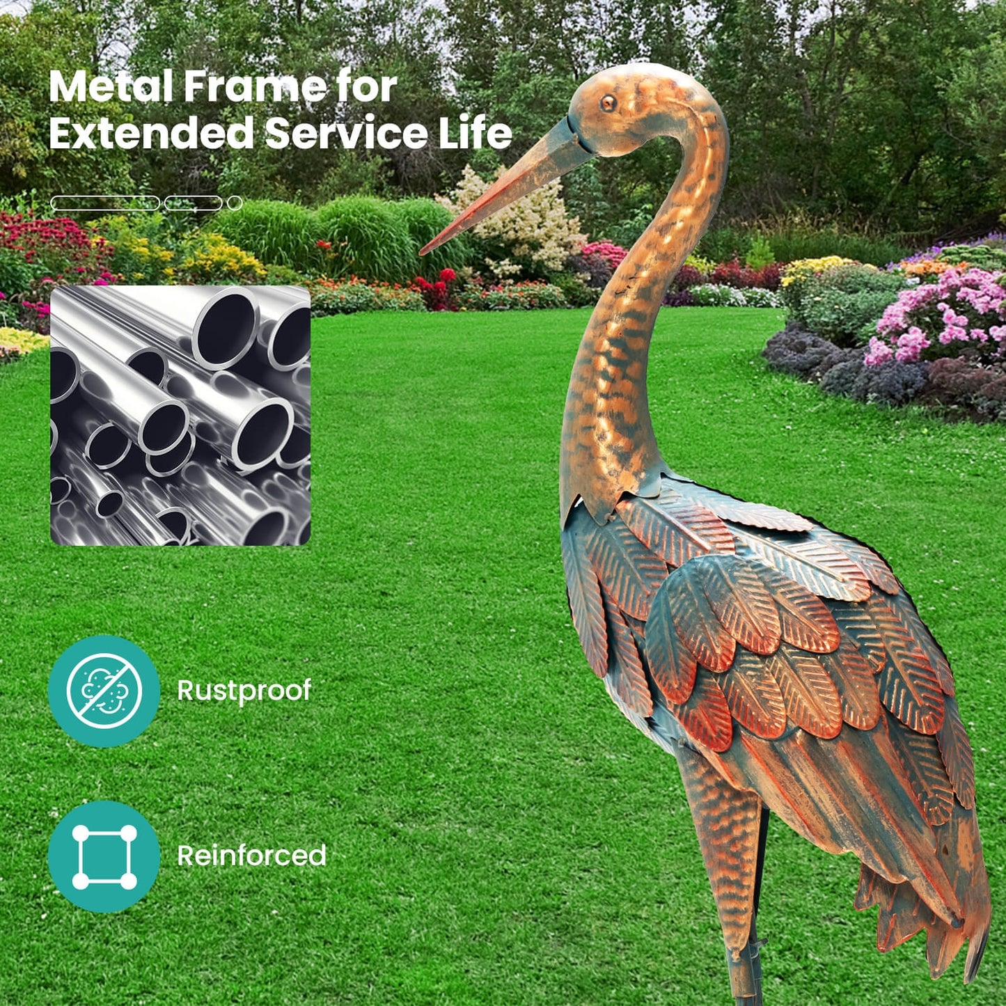 Set Of 2 Standing Metal Crane Garden Statues, Copper Outdoor Decor at Gallery Canada