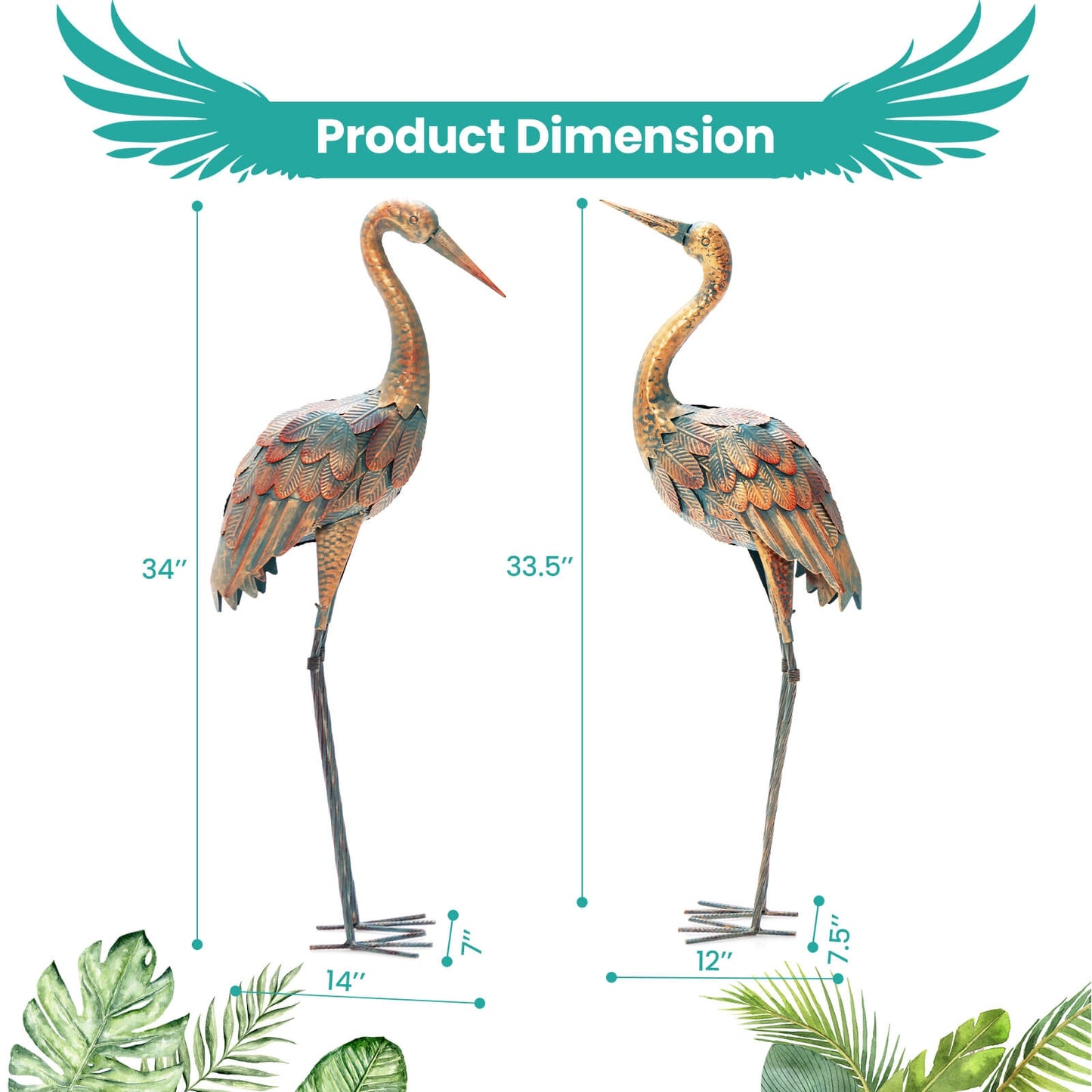 Set Of 2 Standing Metal Crane Garden Statues, Copper Outdoor Decor at Gallery Canada
