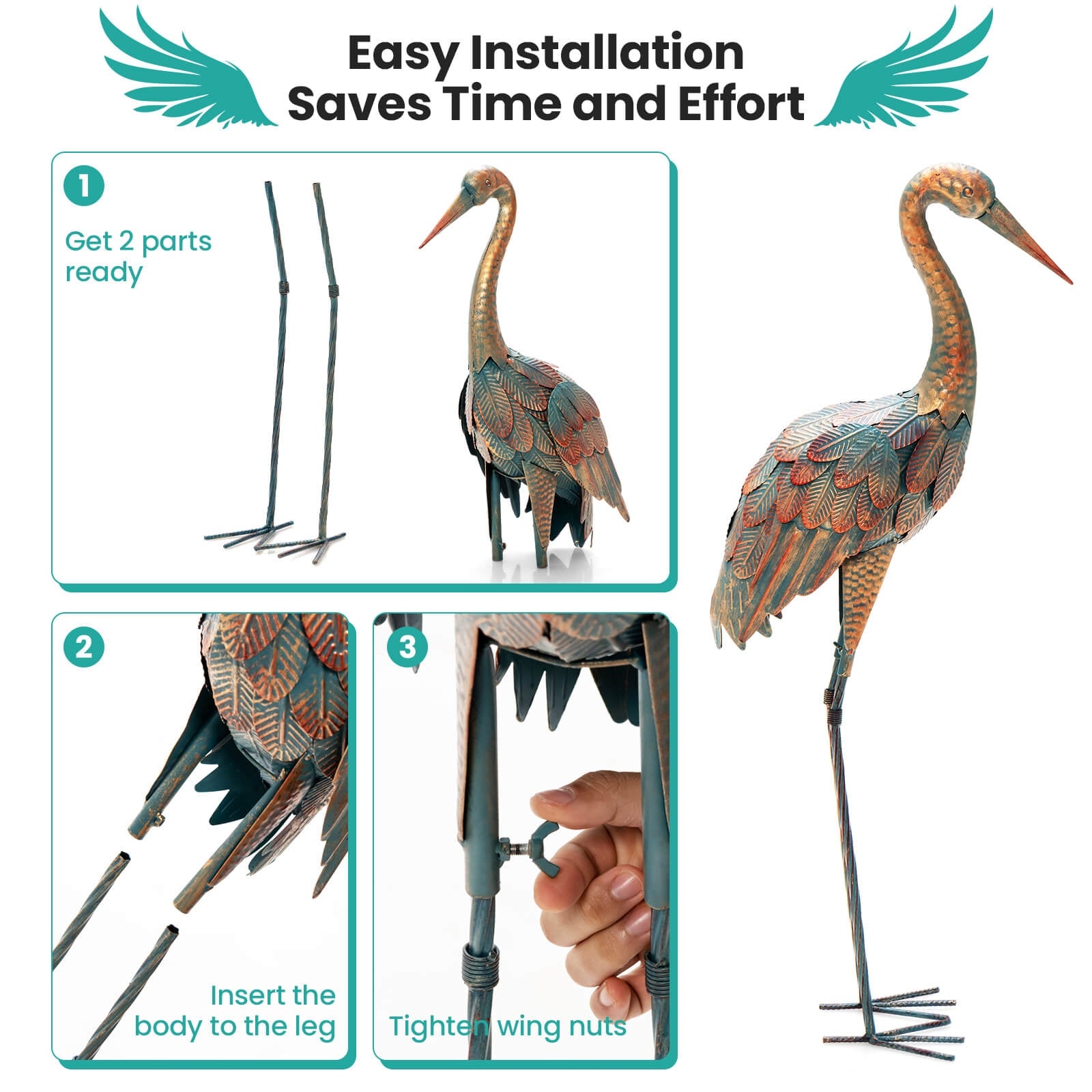 Set Of 2 Standing Metal Crane Garden Statues, Copper Outdoor Decor at Gallery Canada