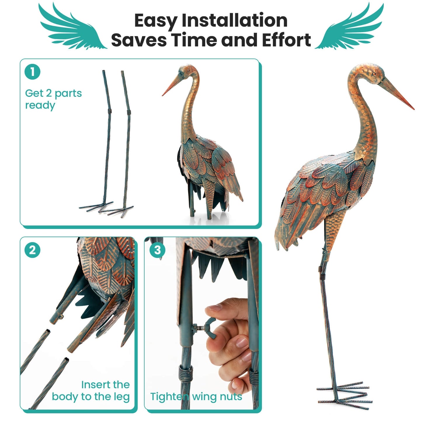 Set Of 2 Standing Metal Crane Garden Statues, Copper Outdoor Decor at Gallery Canada