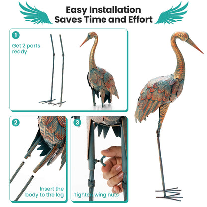 Set Of 2 Standing Metal Crane Garden Statues, Copper Outdoor Decor at Gallery Canada