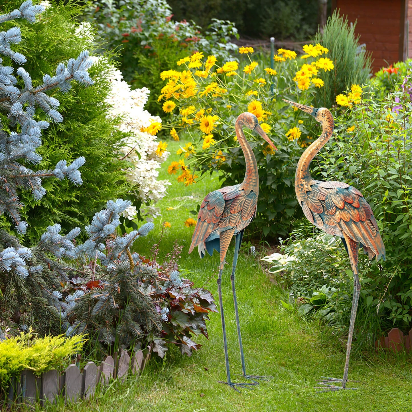 Set Of 2 Standing Metal Crane Garden Statues, Copper Outdoor Decor at Gallery Canada