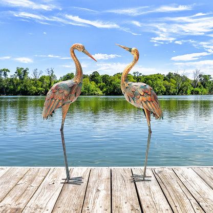 Set Of 2 Standing Metal Crane Garden Statues, Copper Outdoor Decor at Gallery Canada