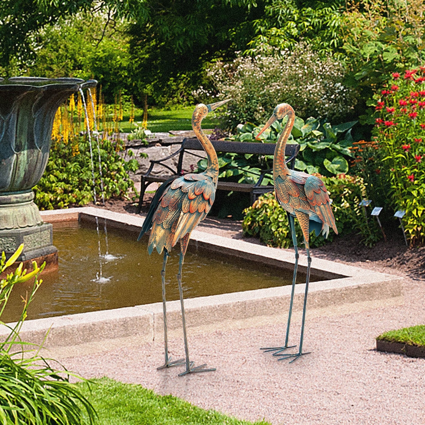Set Of 2 Standing Metal Crane Garden Statues, Copper Outdoor Decor at Gallery Canada