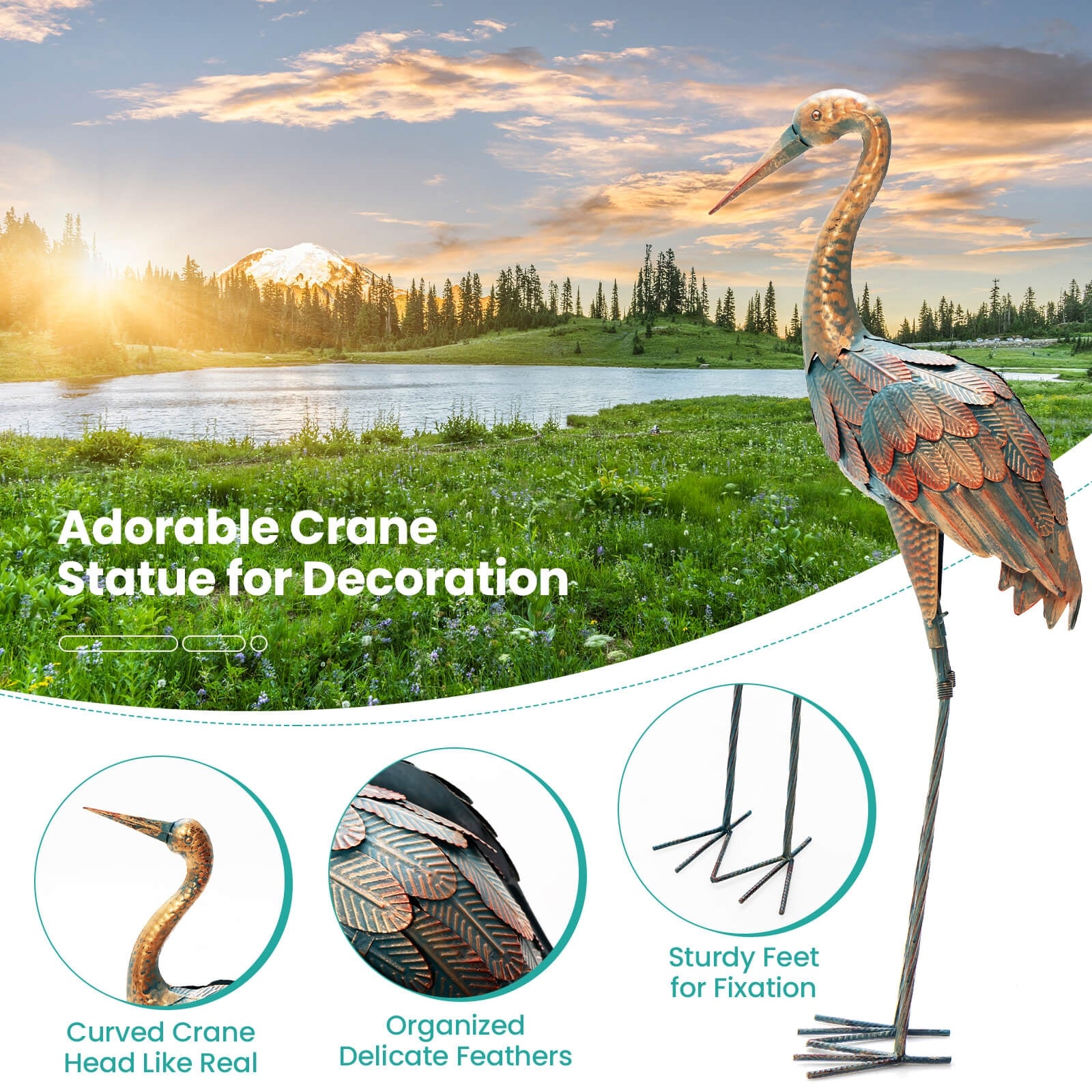 Set Of 2 Standing Metal Crane Garden Statues, Copper Outdoor Decor at Gallery Canada