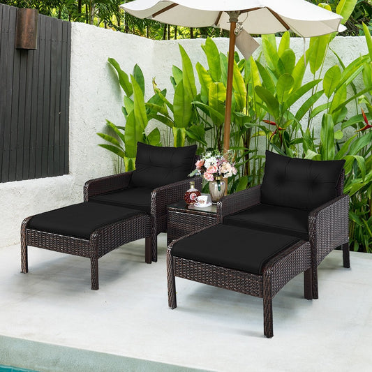 5 Pieces Patio Rattan Sofa Ottoman Furniture Set with Cushions, Black - Gallery Canada