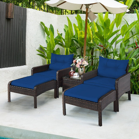 5 Pieces Patio Rattan Sofa Ottoman Furniture Set with Cushions, Navy - Gallery Canada