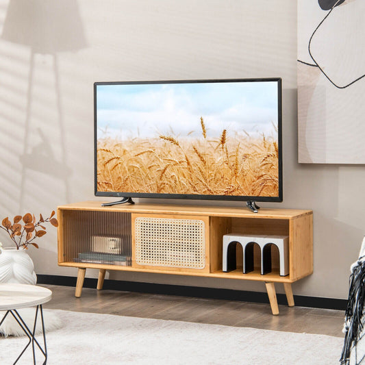Modern TV Stand with Rattan Glass Sliding Doors, Natural - Gallery Canada