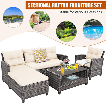 4 Pieces Patio Rattan Furniture Set with Cushion and Table Shelf, Off White - Gallery Canada
