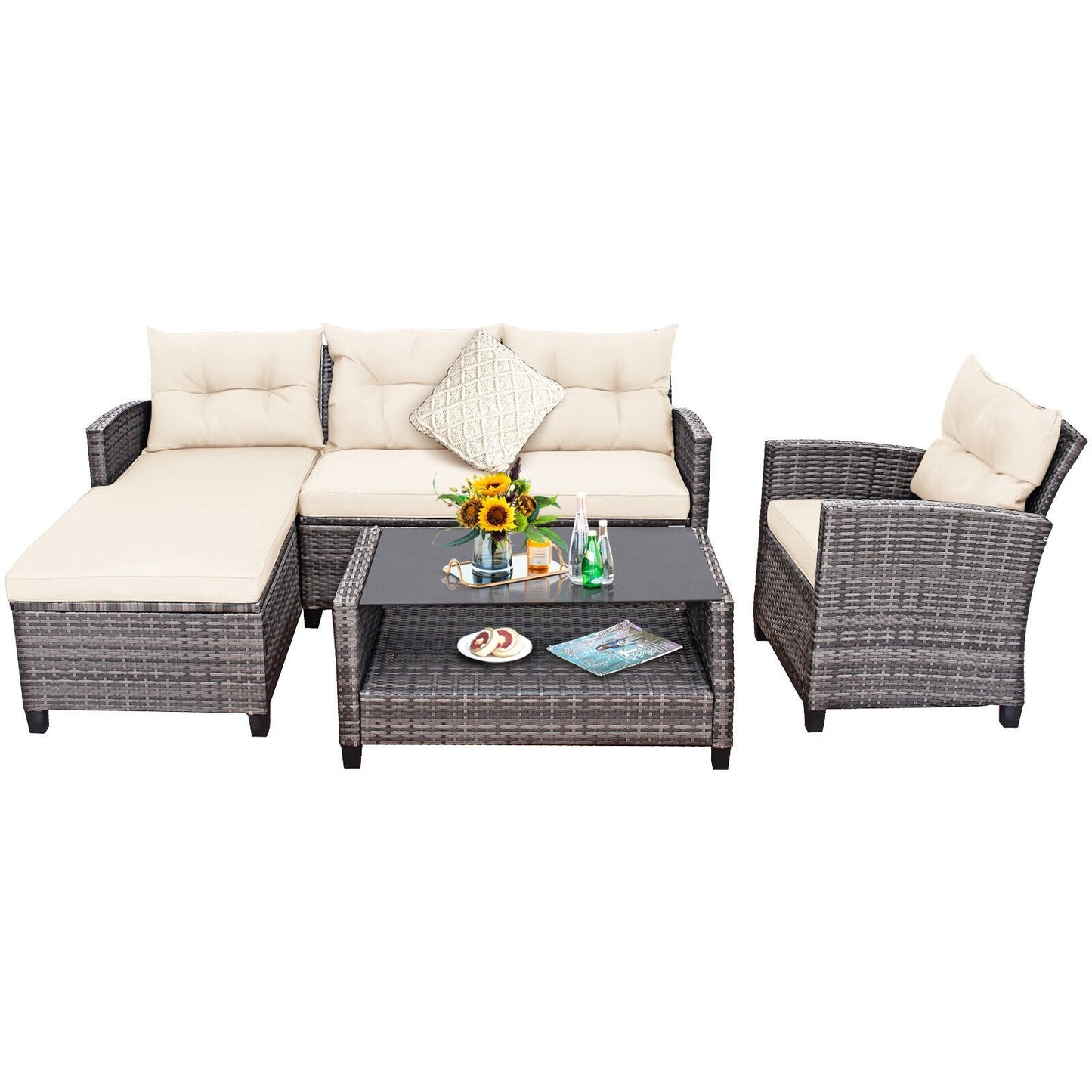 4 Pieces Patio Rattan Furniture Set with Cushion and Table Shelf, Off White - Gallery Canada