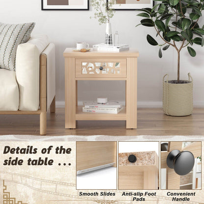 Wood Retro End Table with Mirrored Glass Drawer and Open Storage Shelf, Natural at Gallery Canada