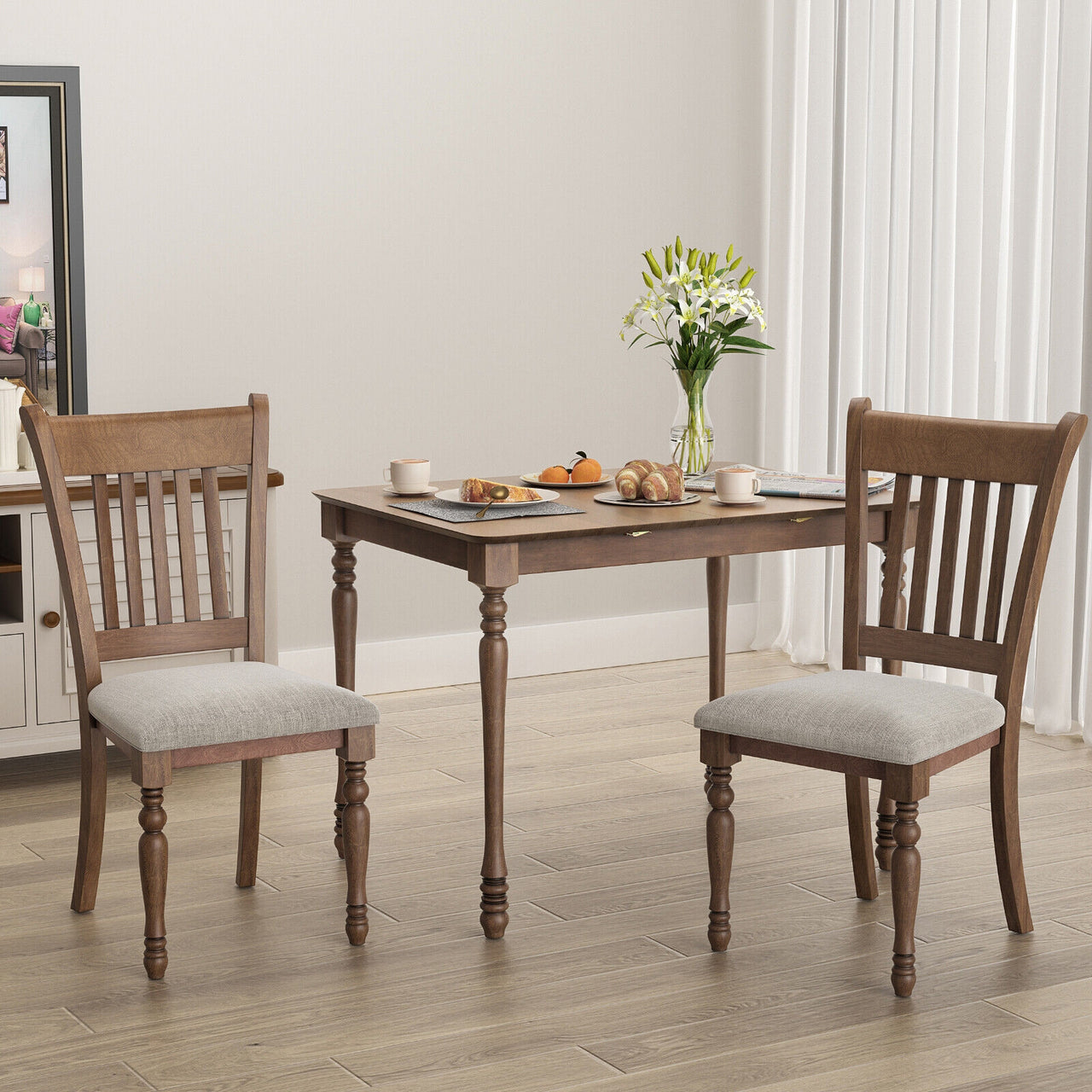 2 Pieces Vintage Wooden Upholstered Dining Chair Set with Padded Cushion - Gallery View 2 of 11
